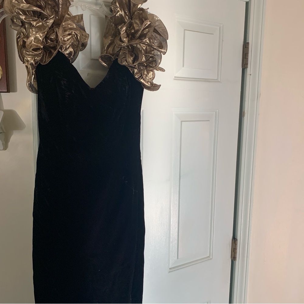 A.J. Bari Black Dress with Gold Ruffled Shoulders